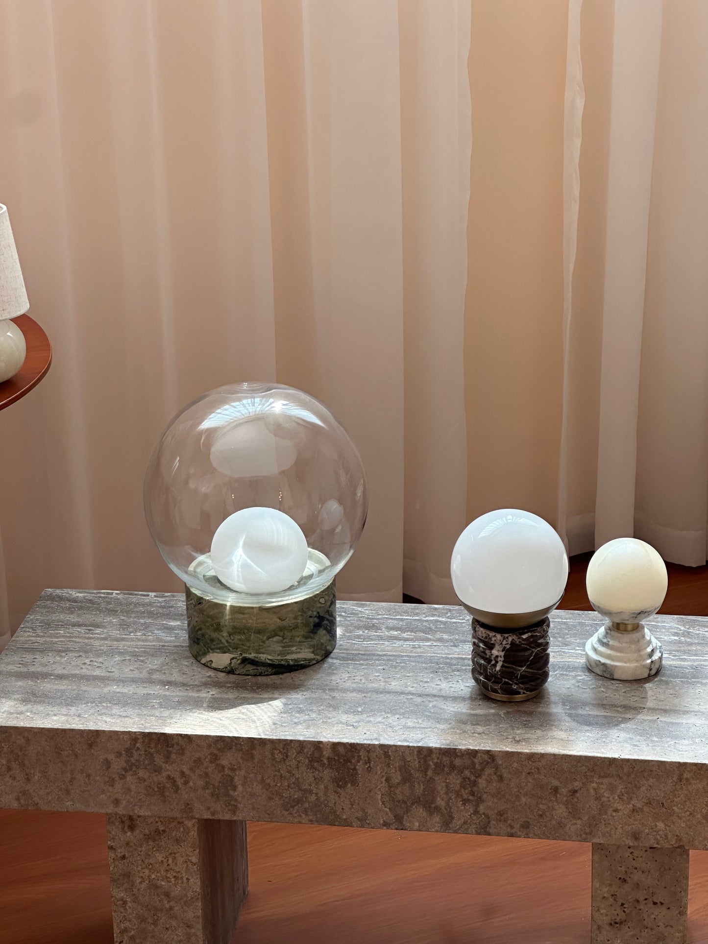Sylvia Table Lamp - Ridged Marble & White Glass Globe Accent Light | Modern Antique Brass Desk Lamp