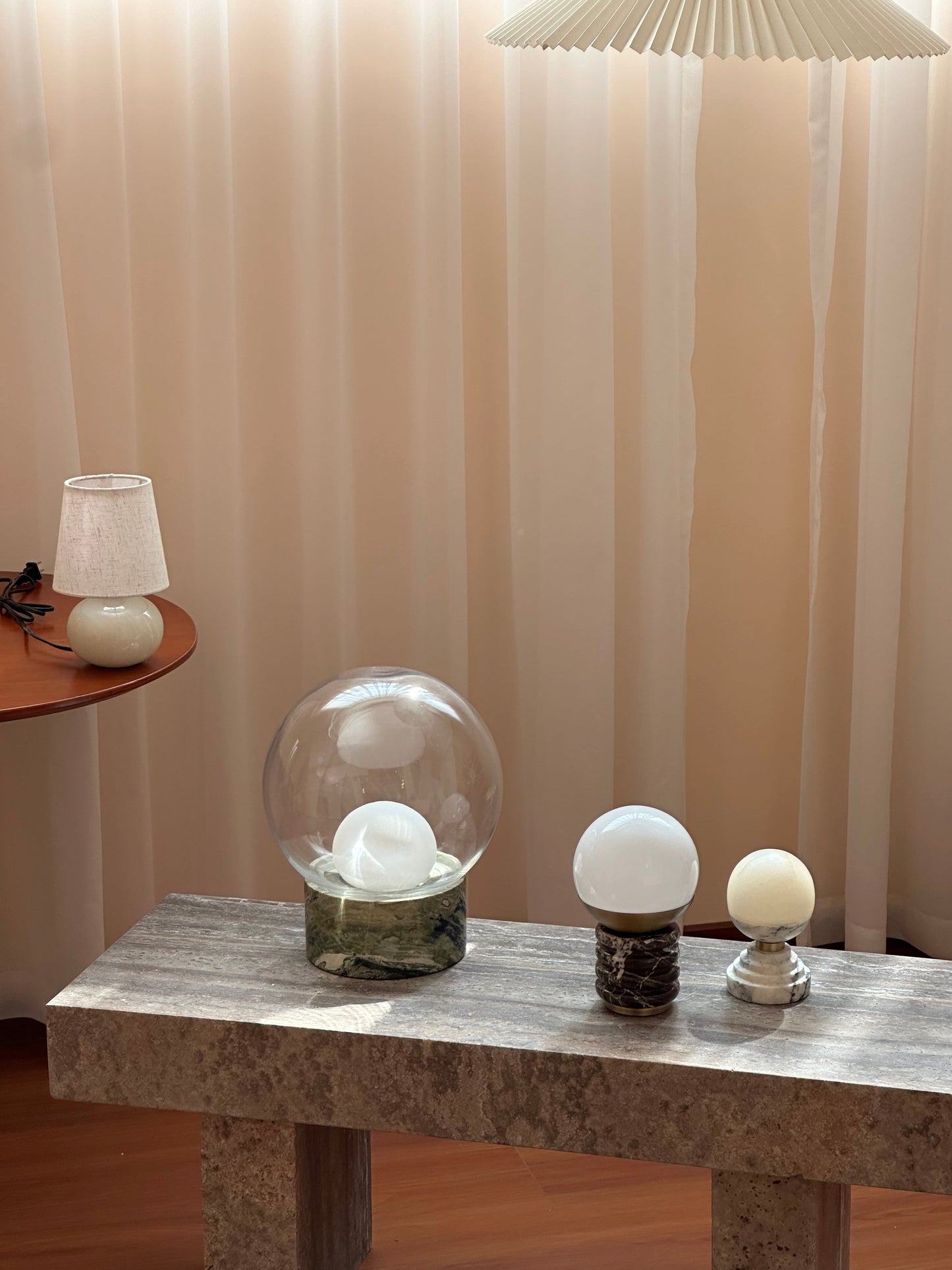 Sylvia Table Lamp - Ridged Marble & White Glass Globe Accent Light | Modern Antique Brass Desk Lamp