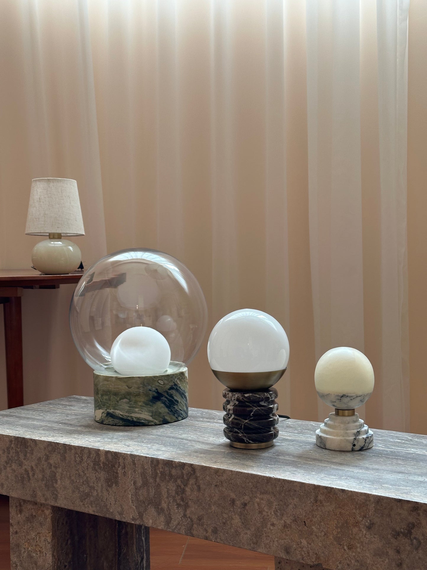 Sylvia Table Lamp - Ridged Marble & White Glass Globe Accent Light | Modern Antique Brass Desk Lamp