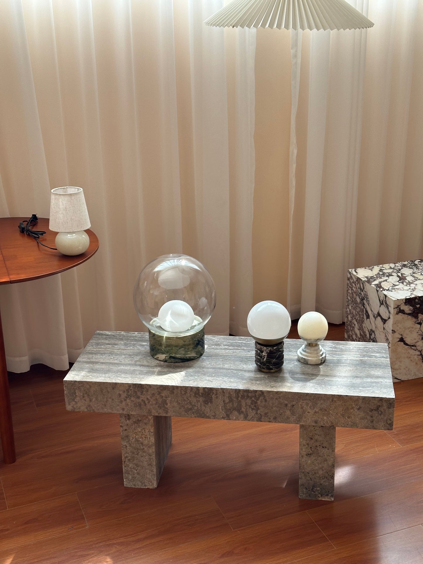 Sylvia Table Lamp - Ridged Marble & White Glass Globe Accent Light | Modern Antique Brass Desk Lamp