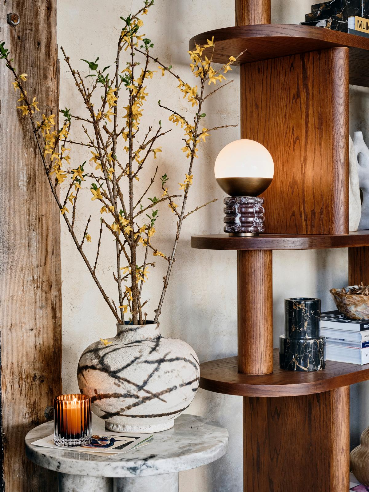 Sylvia Table Lamp - Ridged Marble & White Glass Globe Accent Light | Modern Antique Brass Desk Lamp