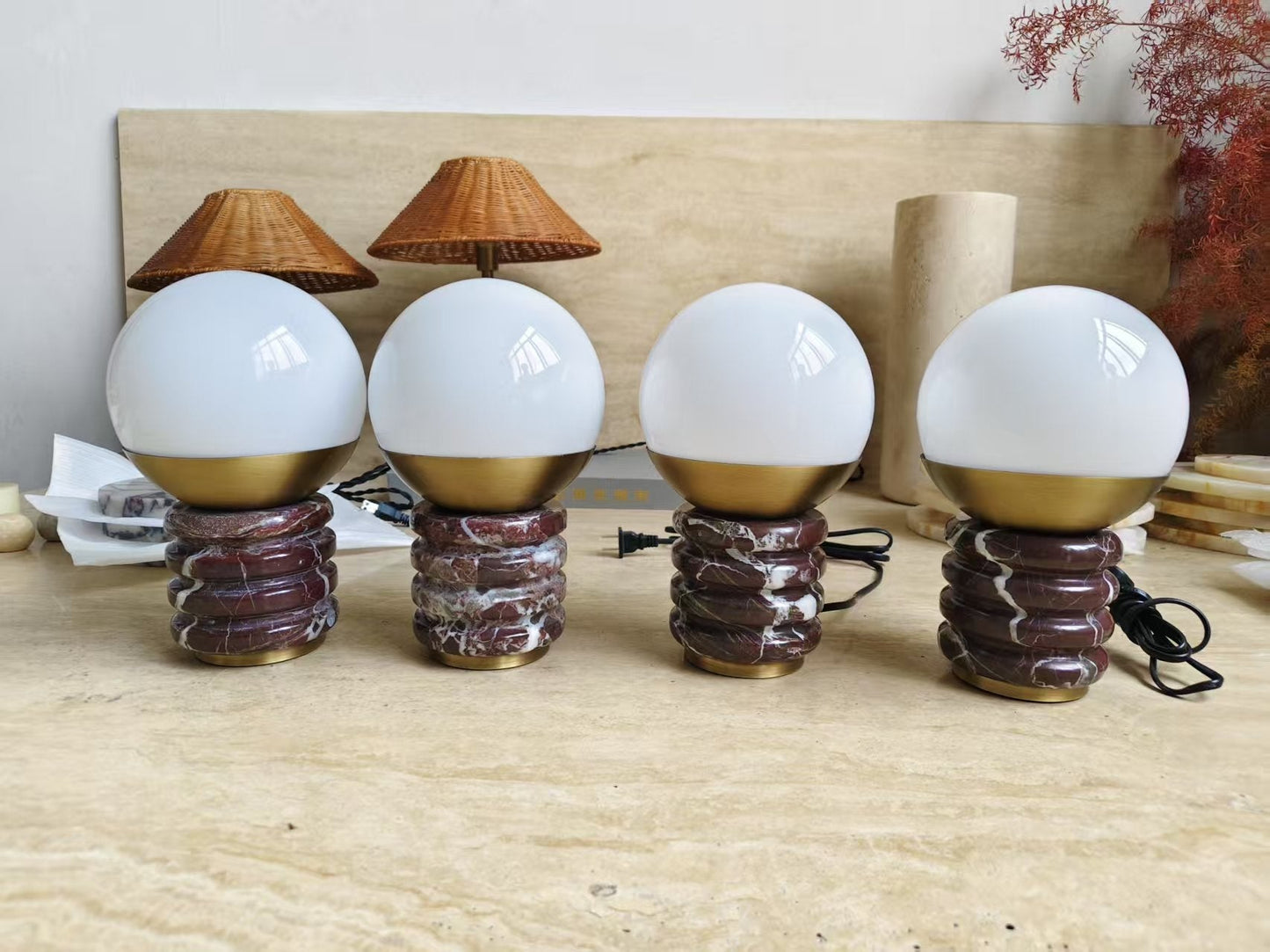 Sylvia Table Lamp - Ridged Marble & White Glass Globe Accent Light | Modern Antique Brass Desk Lamp