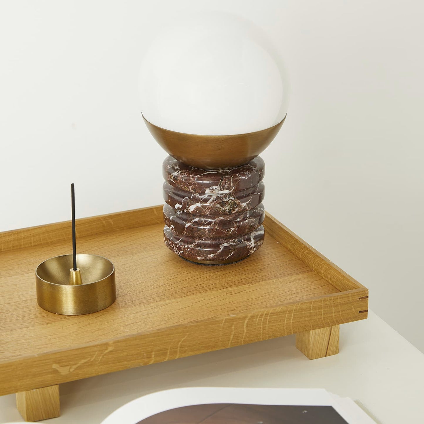 Sylvia Table Lamp - Ridged Marble & White Glass Globe Accent Light | Modern Antique Brass Desk Lamp