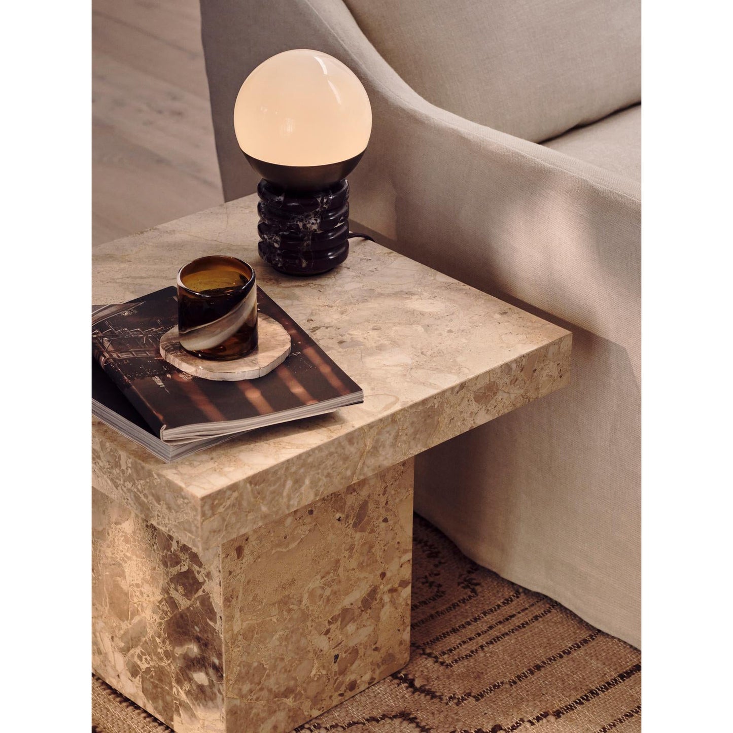 Sylvia Table Lamp - Ridged Marble & White Glass Globe Accent Light | Modern Antique Brass Desk Lamp
