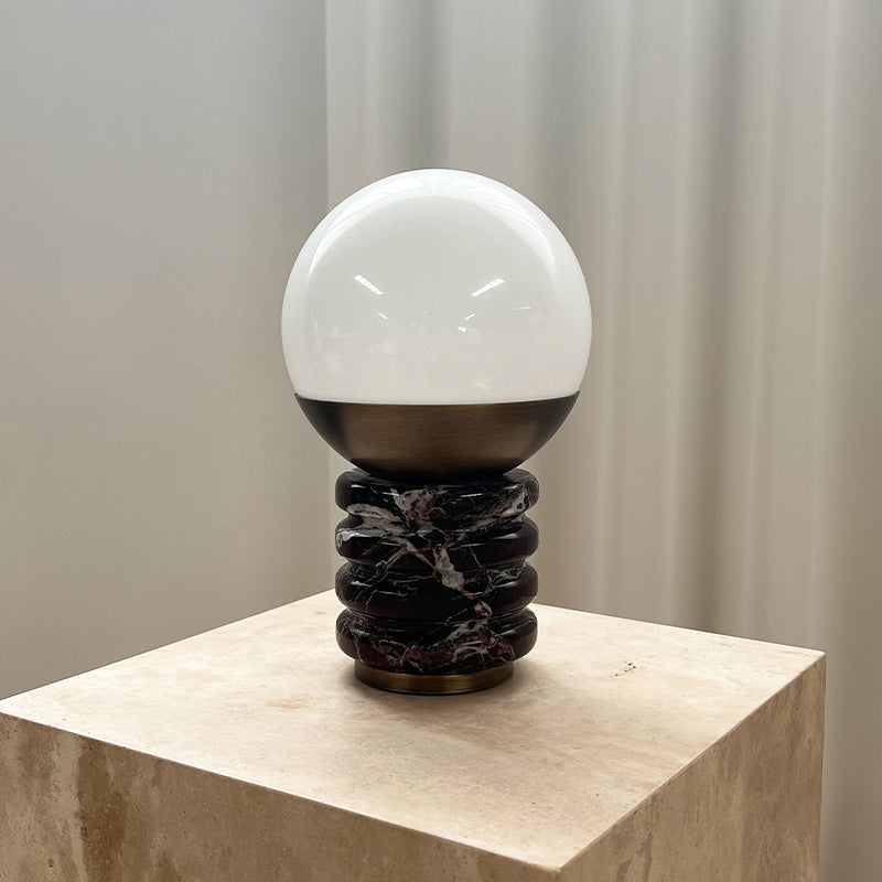 Sylvia Table Lamp - Ridged Marble & White Glass Globe Accent Light | Modern Antique Brass Desk Lamp