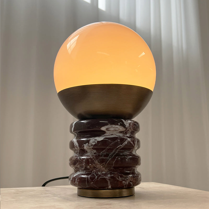 Sylvia Table Lamp - Ridged Marble & White Glass Globe Accent Light | Modern Antique Brass Desk Lamp