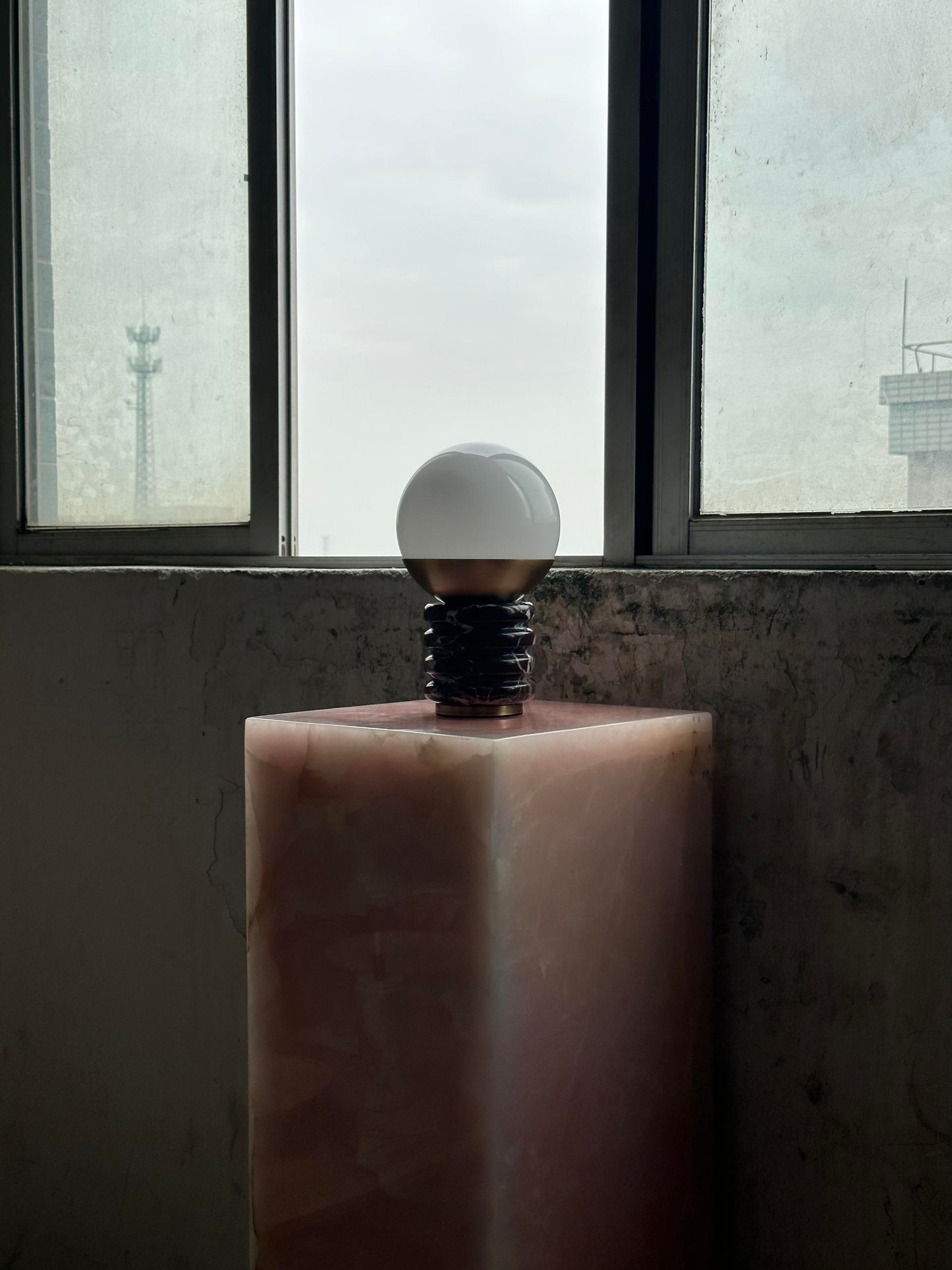 Sylvia Table Lamp - Ridged Marble & White Glass Globe Accent Light | Modern Antique Brass Desk Lamp