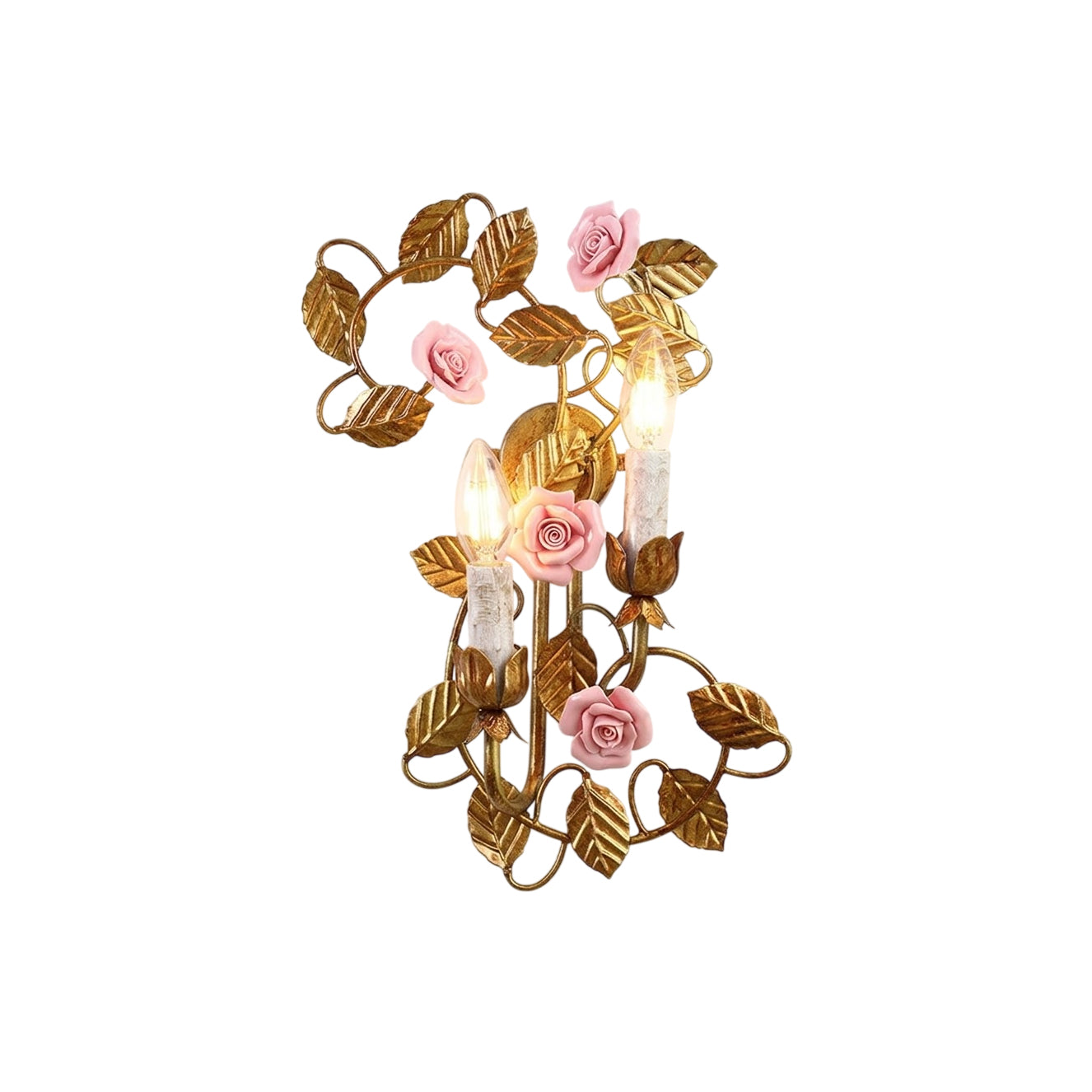 Symphony Rose Basket Sconce - Vintage Gold & Pink Ceramic Floral Sconce | Dual-Head French Country Wall Light
