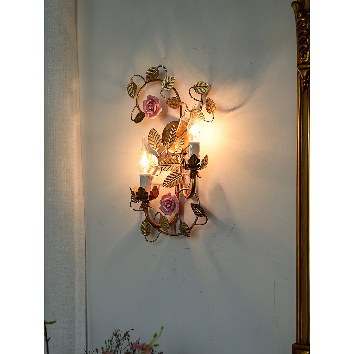 Symphony Rose Basket Sconce - Vintage Gold & Pink Ceramic Floral Sconce | Dual-Head French Country Wall Light