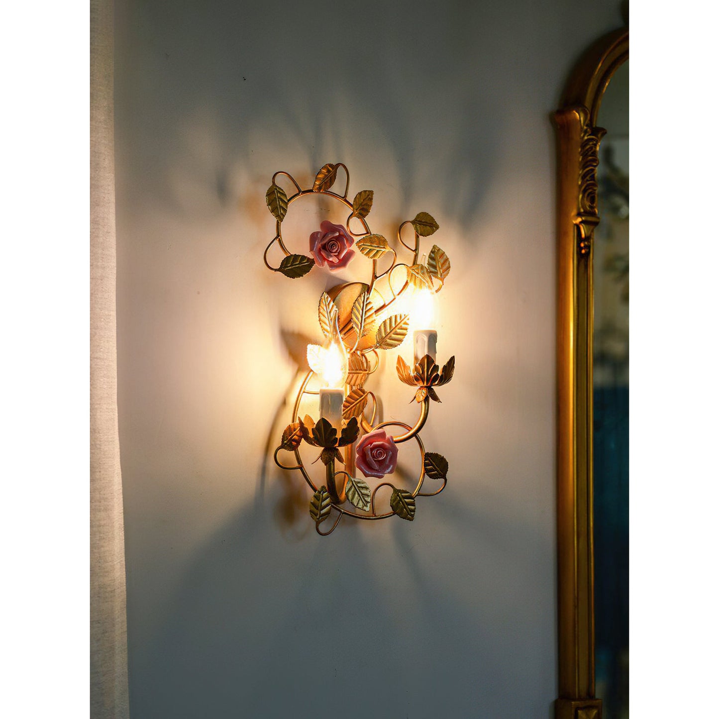 Symphony Rose Basket Sconce - Vintage Gold & Pink Ceramic Floral Sconce | Dual-Head French Country Wall Light