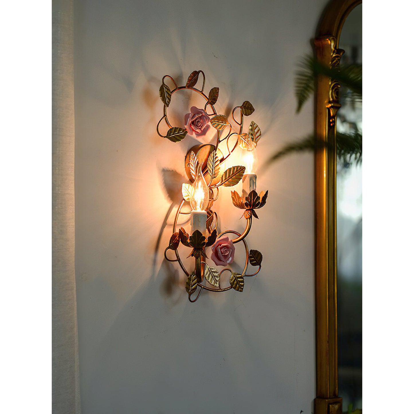 Symphony Rose Basket Sconce - Vintage Gold & Pink Ceramic Floral Sconce | Dual-Head French Country Wall Light