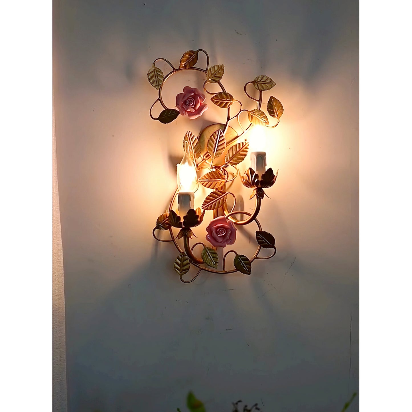 Symphony Rose Basket Sconce - Vintage Gold & Pink Ceramic Floral Sconce | Dual-Head French Country Wall Light