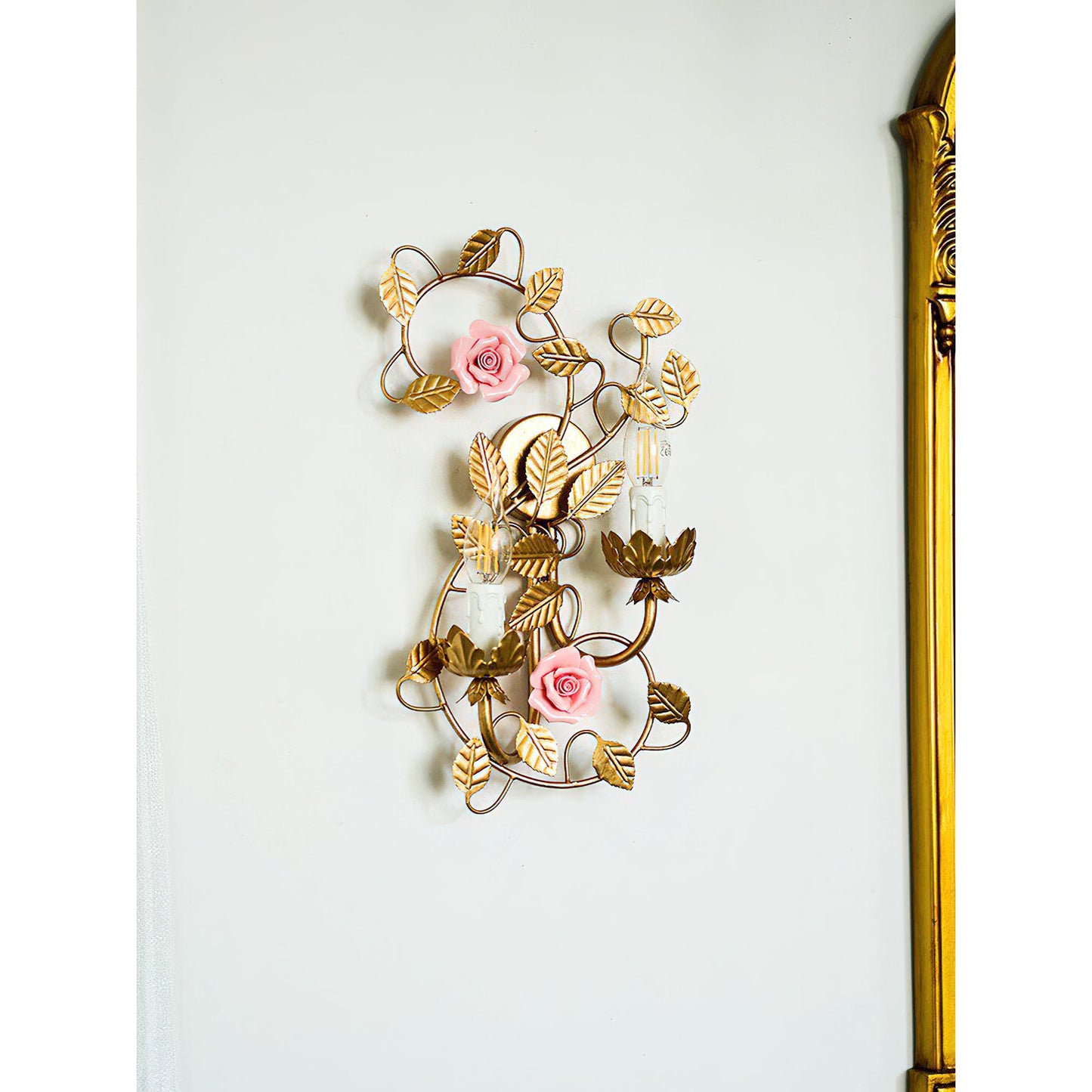 Symphony Rose Basket Sconce - Vintage Gold & Pink Ceramic Floral Sconce | Dual-Head French Country Wall Light
