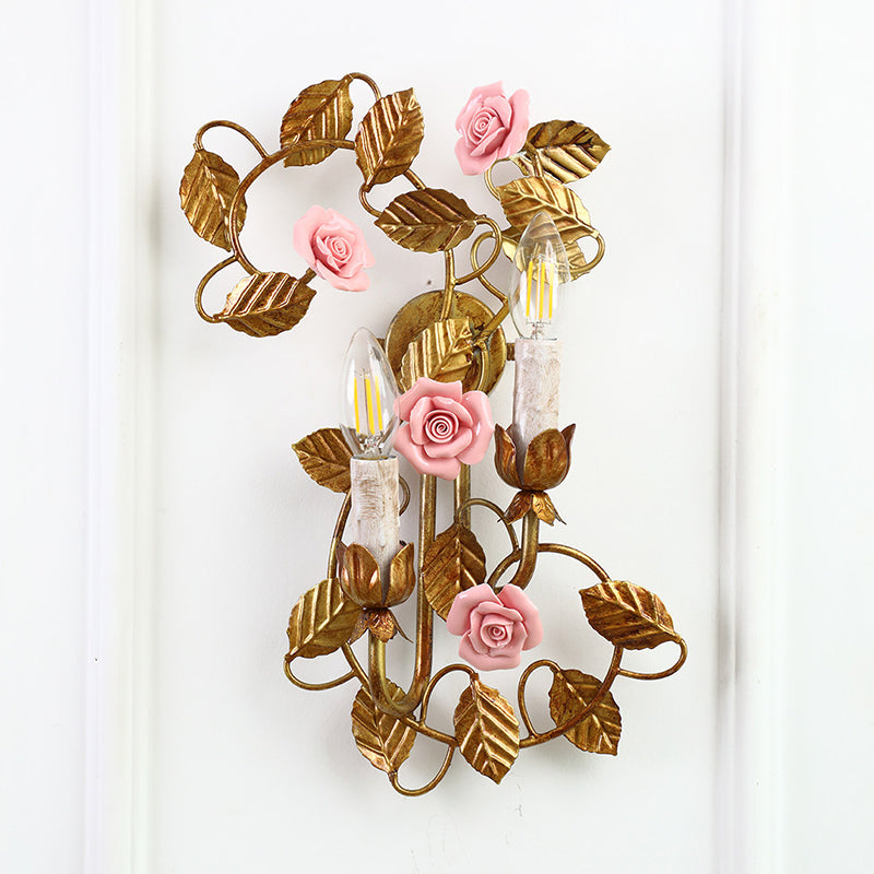 Symphony Rose Basket Sconce - Vintage Gold & Pink Ceramic Floral Sconce | Dual-Head French Country Wall Light