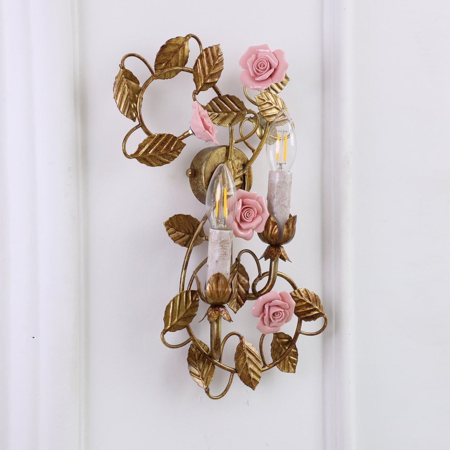 Symphony Rose Basket Sconce - Vintage Gold & Pink Ceramic Floral Sconce | Dual-Head French Country Wall Light
