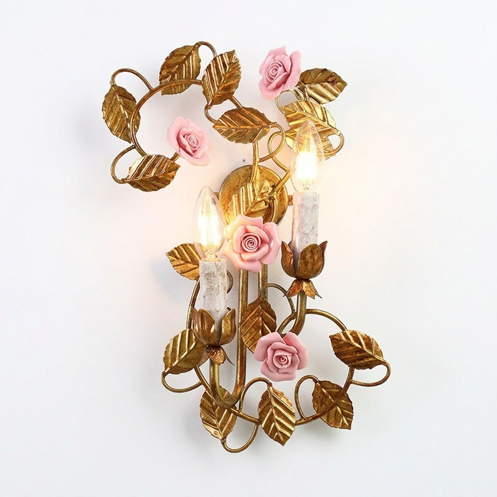 Symphony Rose Basket Sconce - Vintage Gold & Pink Ceramic Floral Sconce | Dual-Head French Country Wall Light