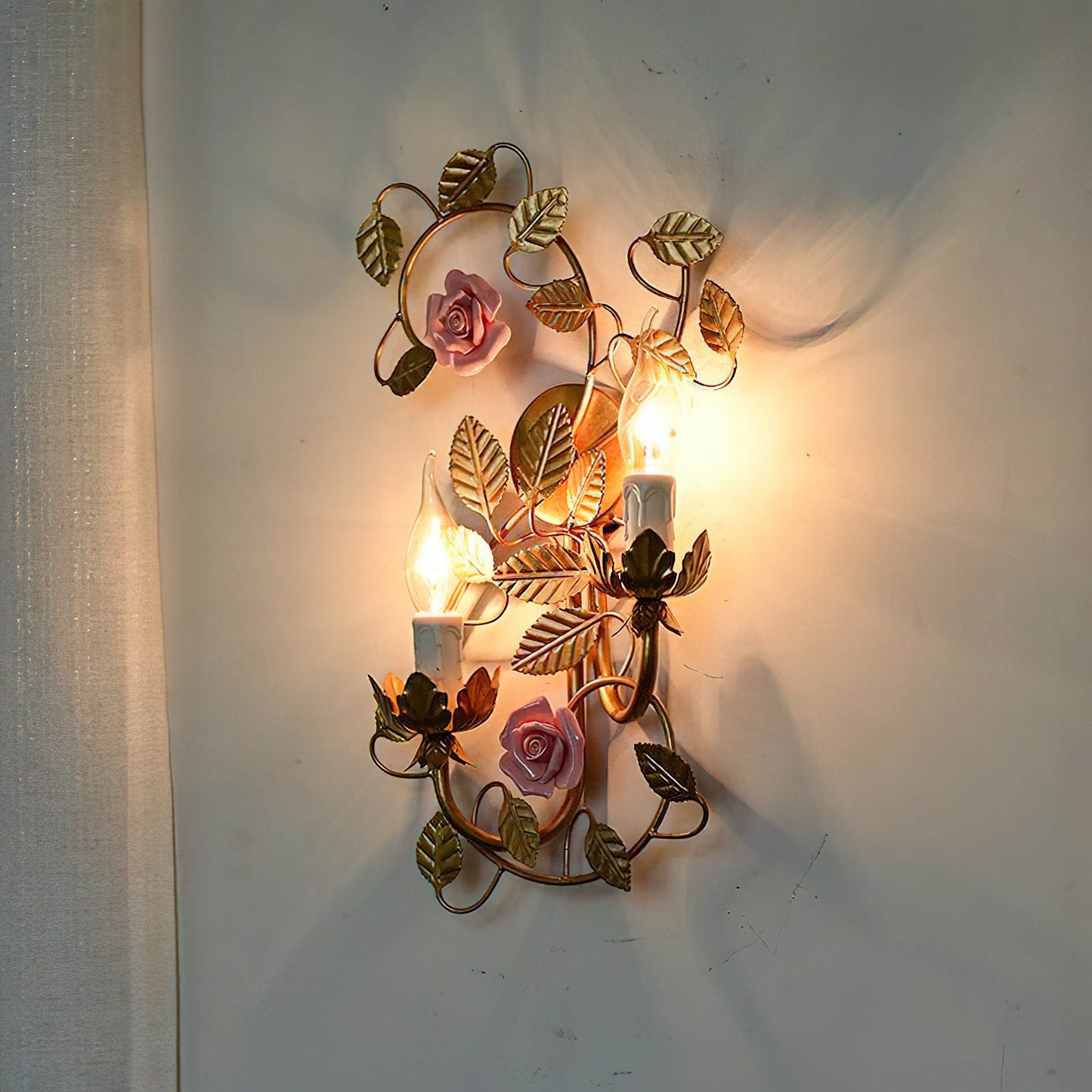 Symphony Rose Basket Sconce - Vintage Gold & Pink Ceramic Floral Sconce | Dual-Head French Country Wall Light