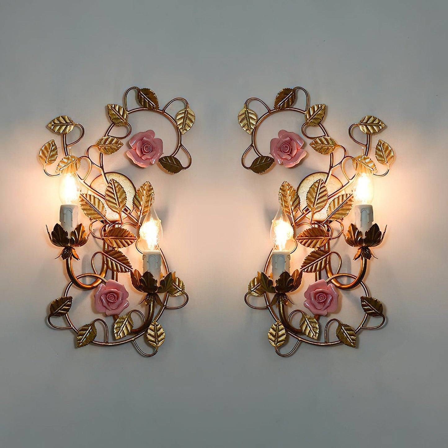 Symphony Rose Basket Sconce - Vintage Gold & Pink Ceramic Floral Sconce | Dual-Head French Country Wall Light