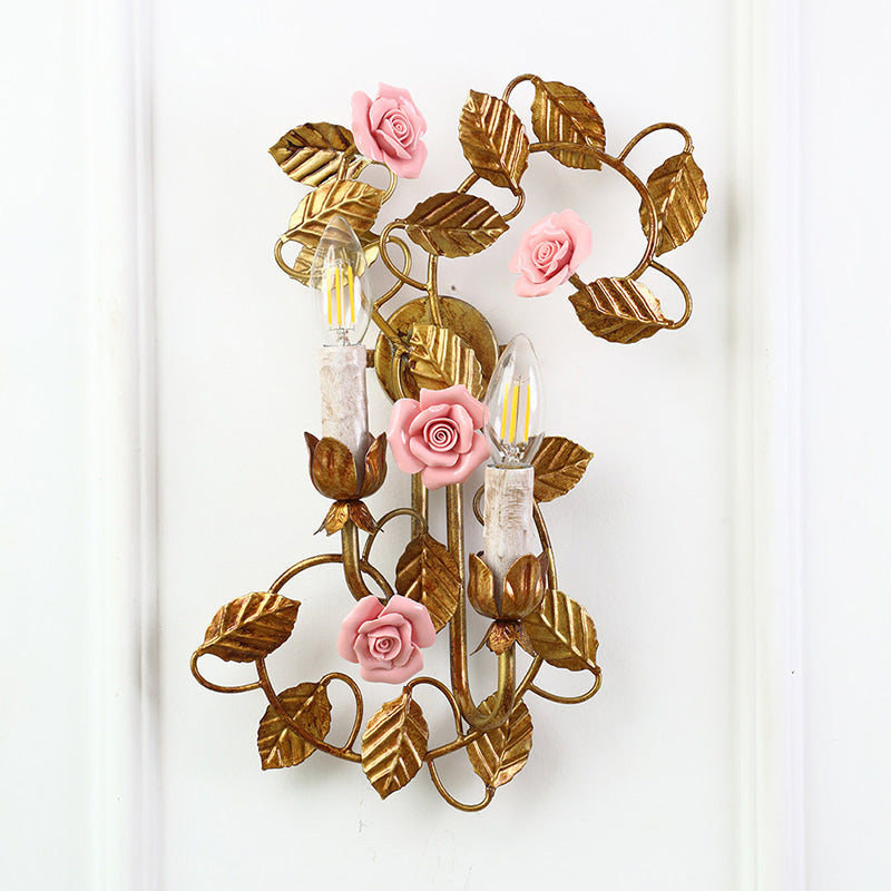 Symphony Rose Basket Sconce - Vintage Gold & Pink Ceramic Floral Sconce | Dual-Head French Country Wall Light