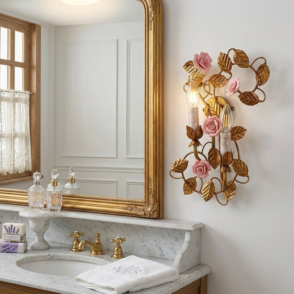 Symphony Rose Basket Sconce - Vintage Gold & Pink Ceramic Floral Sconce | Dual-Head French Country Wall Light