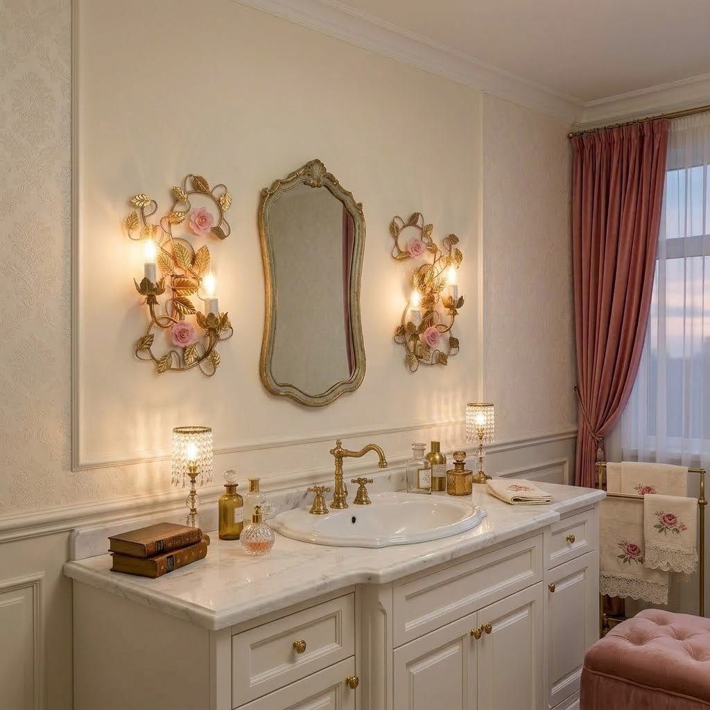 Symphony Rose Basket Sconce - Vintage Gold & Pink Ceramic Floral Sconce | Dual-Head French Country Wall Light