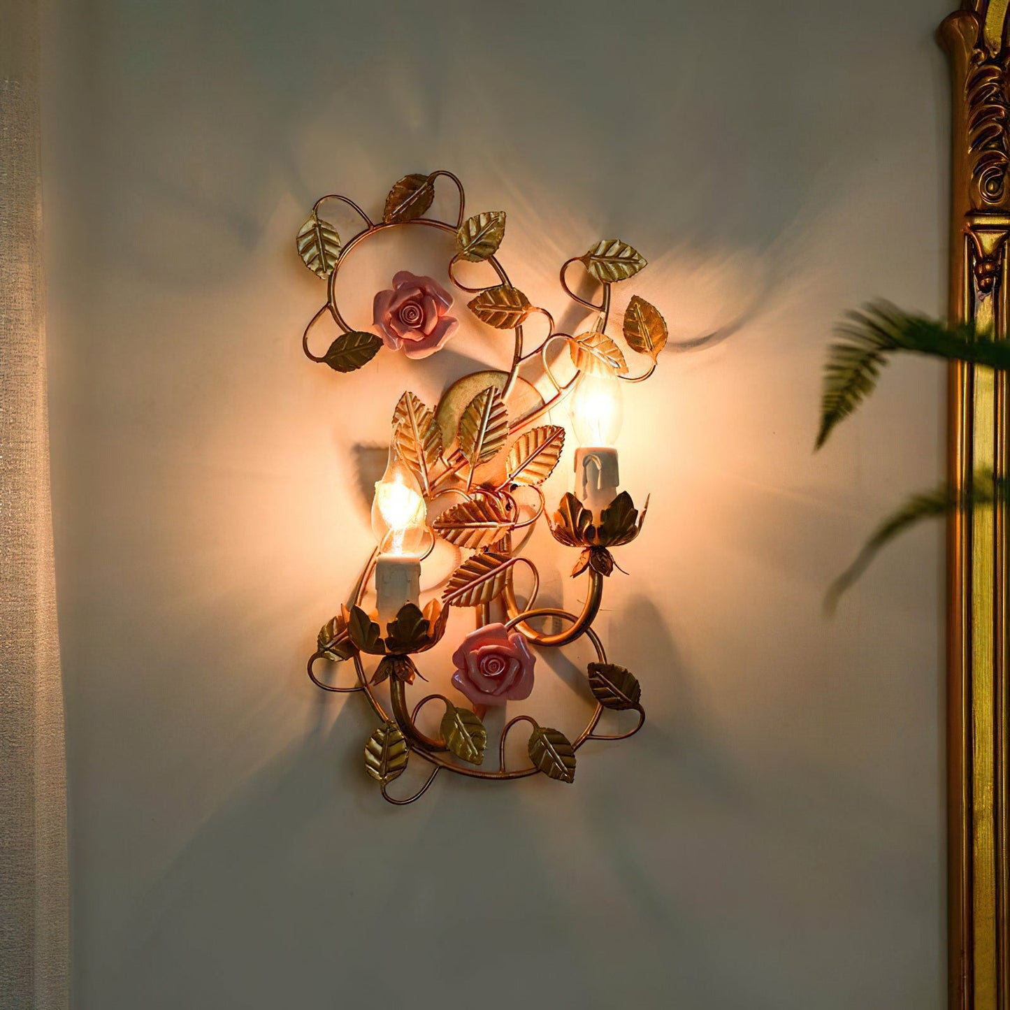 Symphony Rose Basket Sconce - Vintage Gold & Pink Ceramic Floral Sconce | Dual-Head French Country Wall Light
