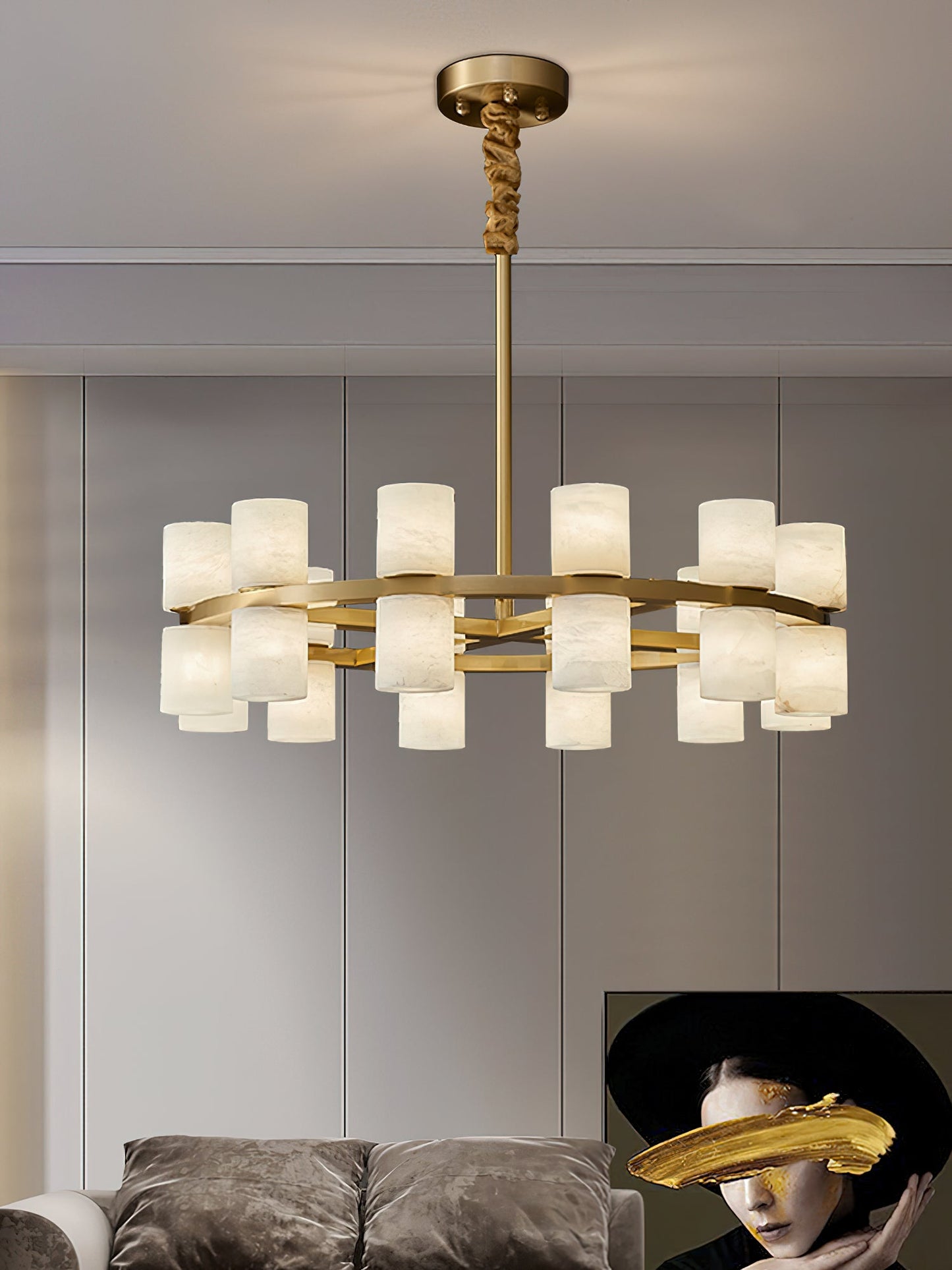 Tabitha Alabaster Chandelier - Brass Hoop & Natural Alabaster Pendant Light | Luxury Statement Ring Chandelier