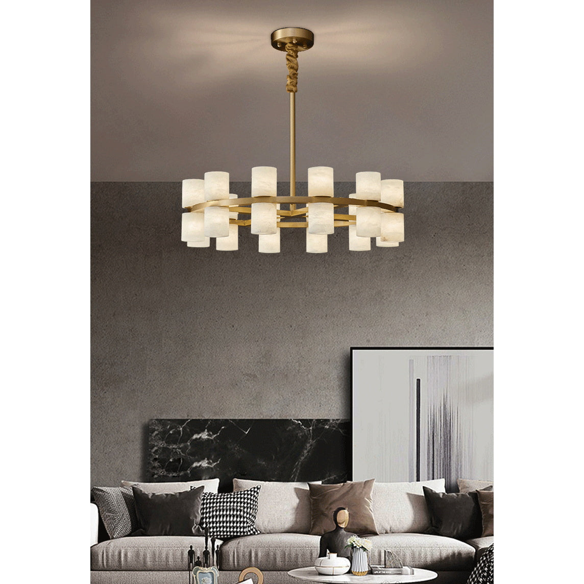 Tabitha Alabaster Chandelier - Brass Hoop & Natural Alabaster Pendant Light | Luxury Statement Ring Chandelier