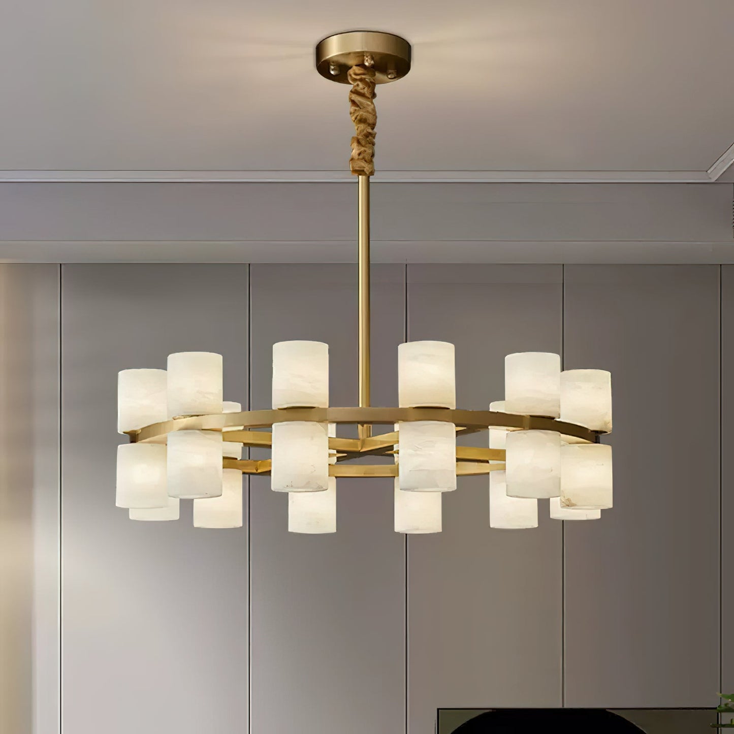 Tabitha Alabaster Chandelier - Brass Hoop & Natural Alabaster Pendant Light | Luxury Statement Ring Chandelier