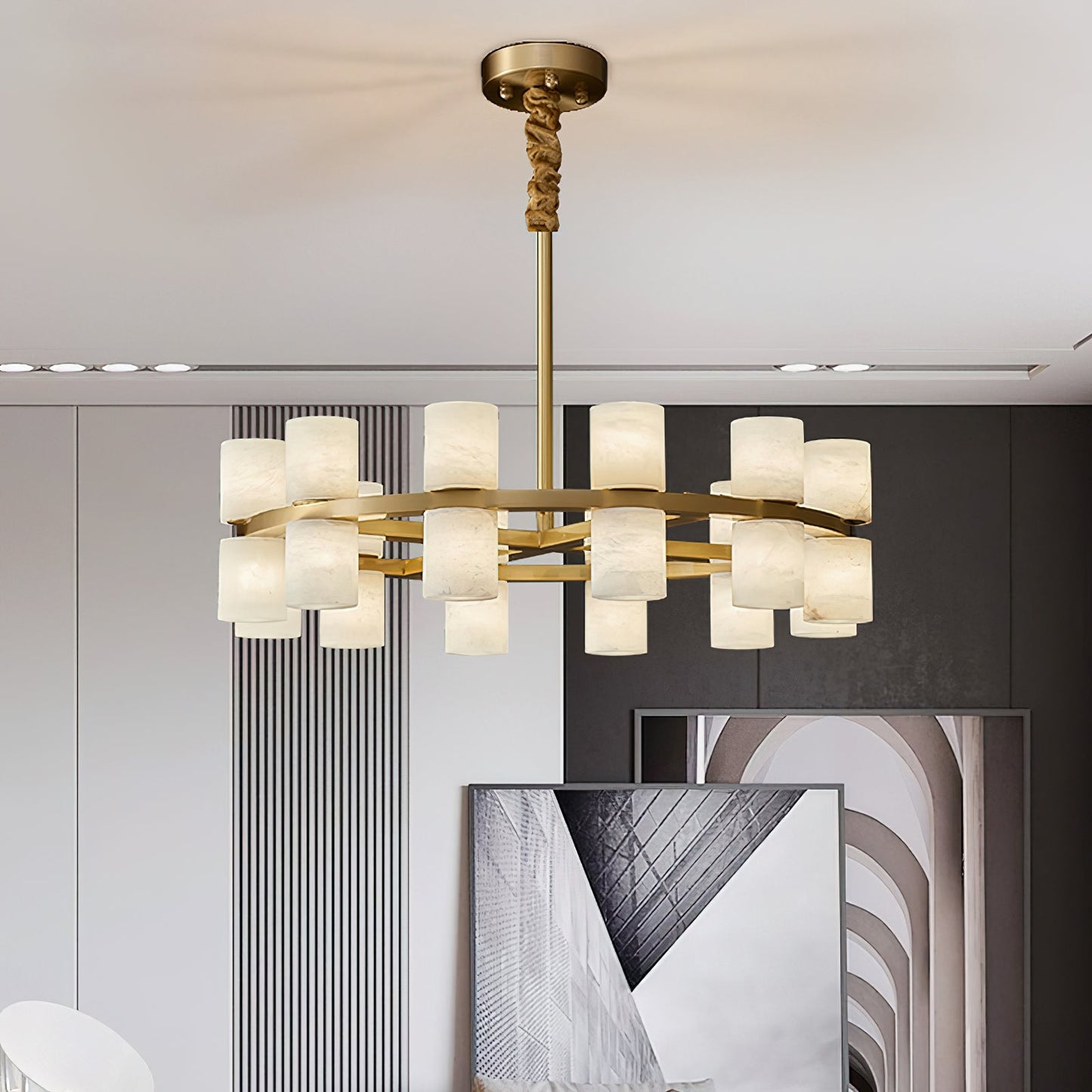 Tabitha Alabaster Chandelier - Brass Hoop & Natural Alabaster Pendant Light | Luxury Statement Ring Chandelier
