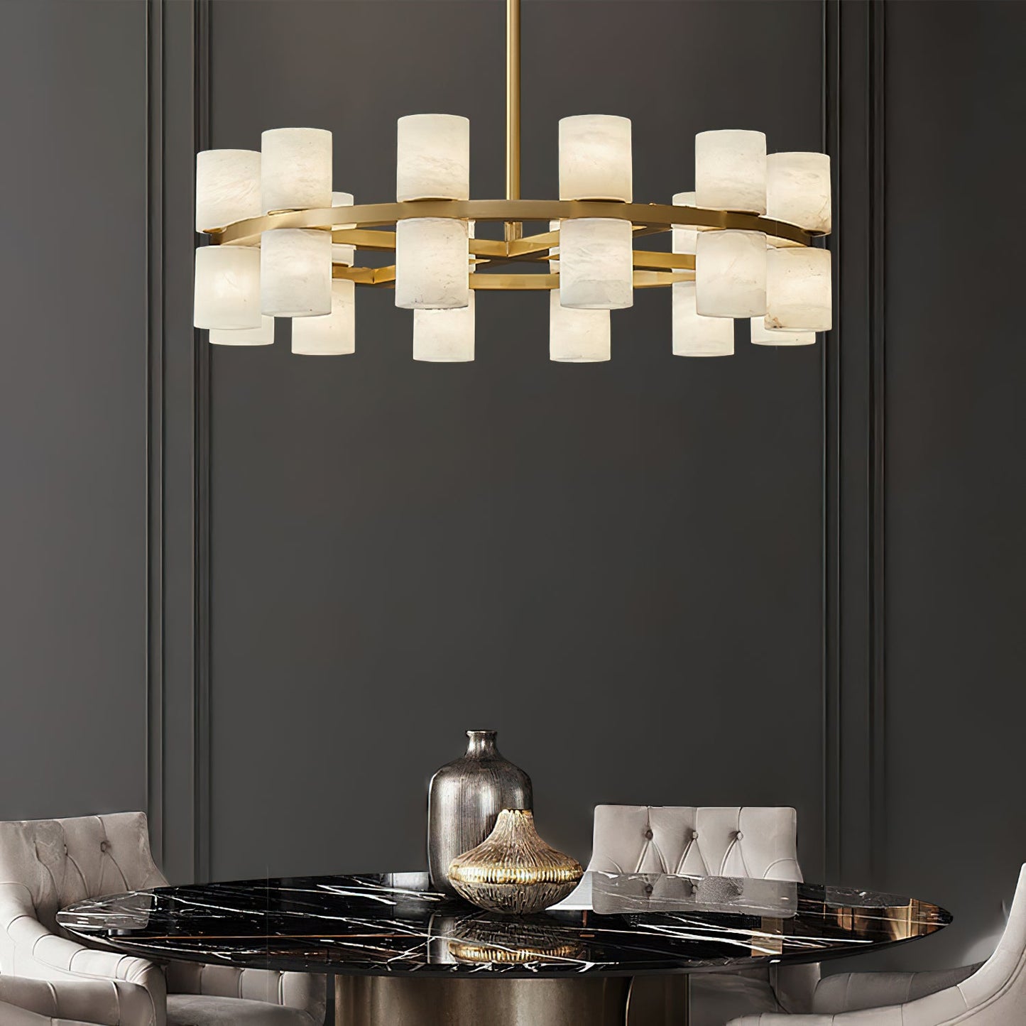 Tabitha Alabaster Chandelier - Brass Hoop & Natural Alabaster Pendant Light | Luxury Statement Ring Chandelier
