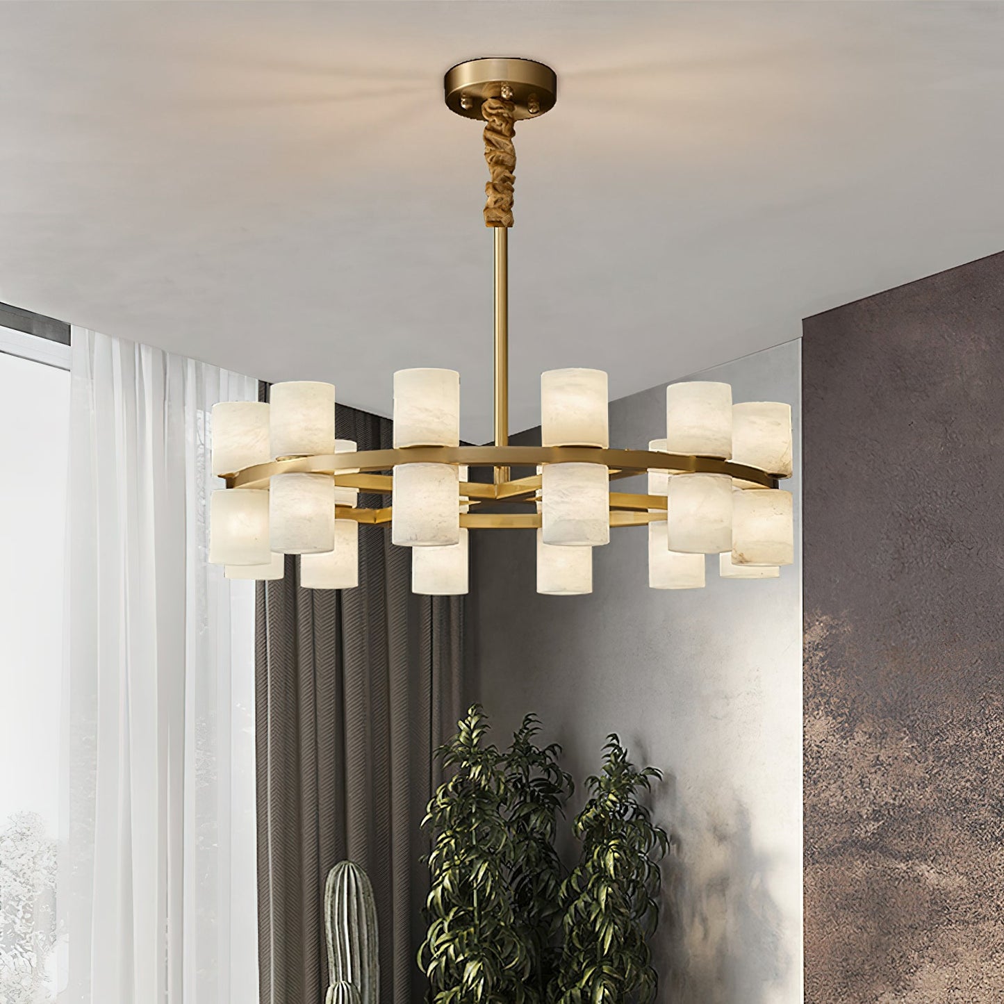 Tabitha Alabaster Chandelier - Brass Hoop & Natural Alabaster Pendant Light | Luxury Statement Ring Chandelier