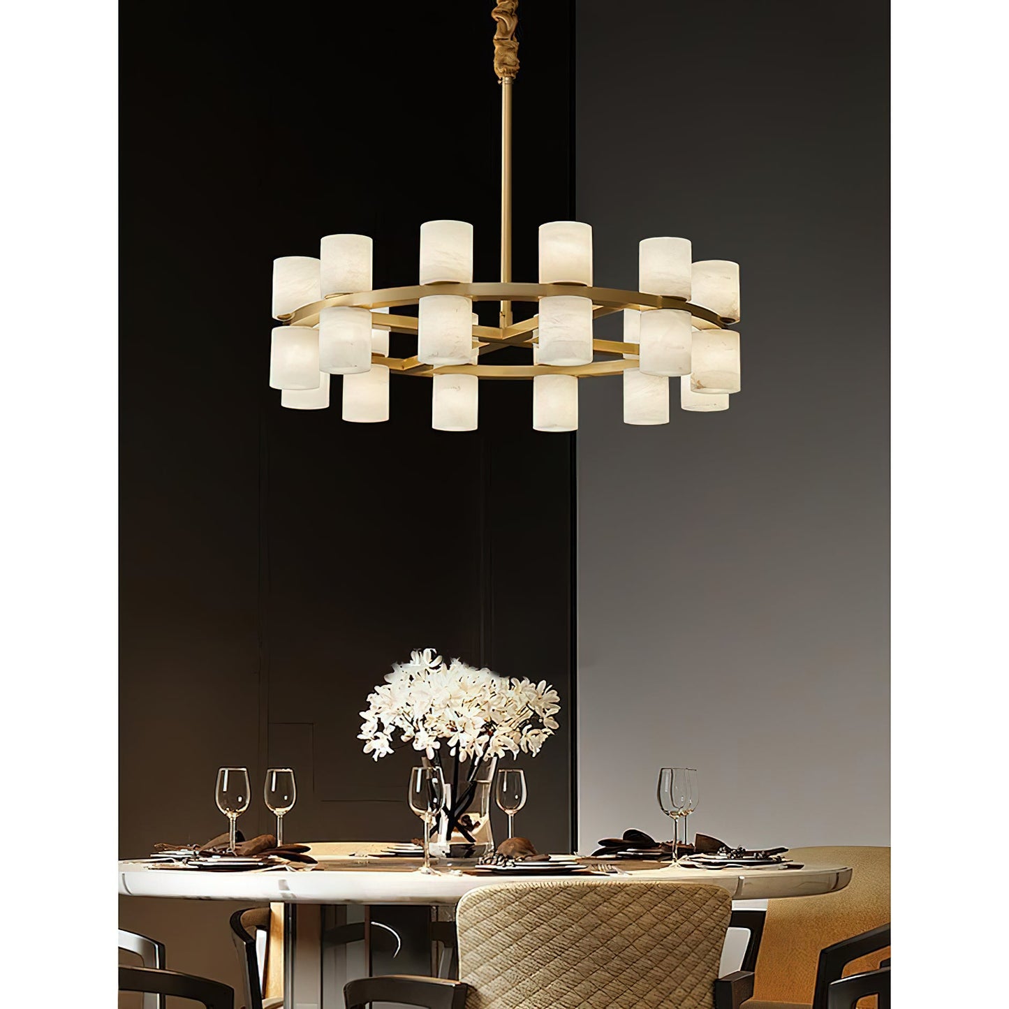 Tabitha Alabaster Chandelier - Brass Hoop & Natural Alabaster Pendant Light | Luxury Statement Ring Chandelier