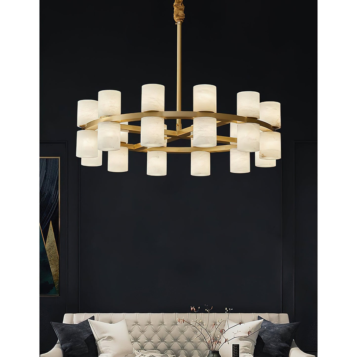 Tabitha Alabaster Chandelier - Brass Hoop & Natural Alabaster Pendant Light | Luxury Statement Ring Chandelier