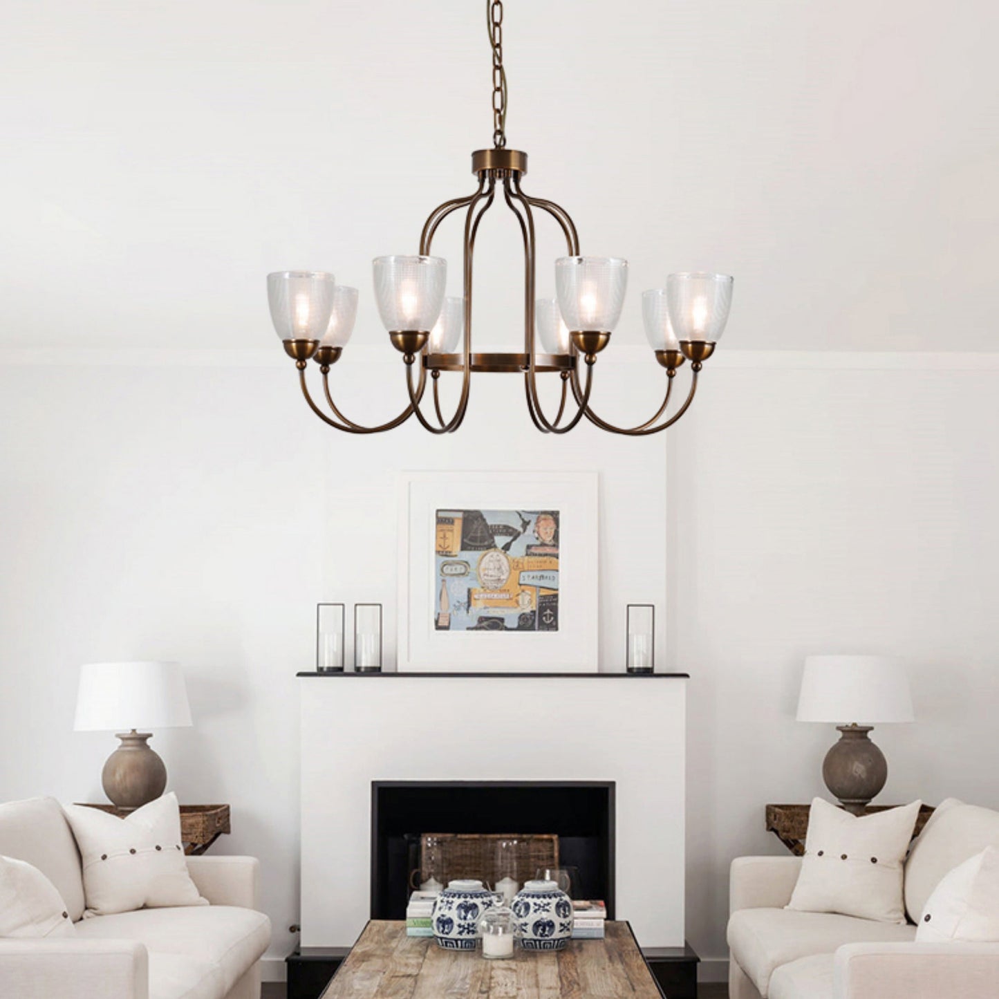 Tahoe Chandelier - Dark Brass & Clear Textured Glass Chandelier | Transitional Multi-Arm Hanging Light