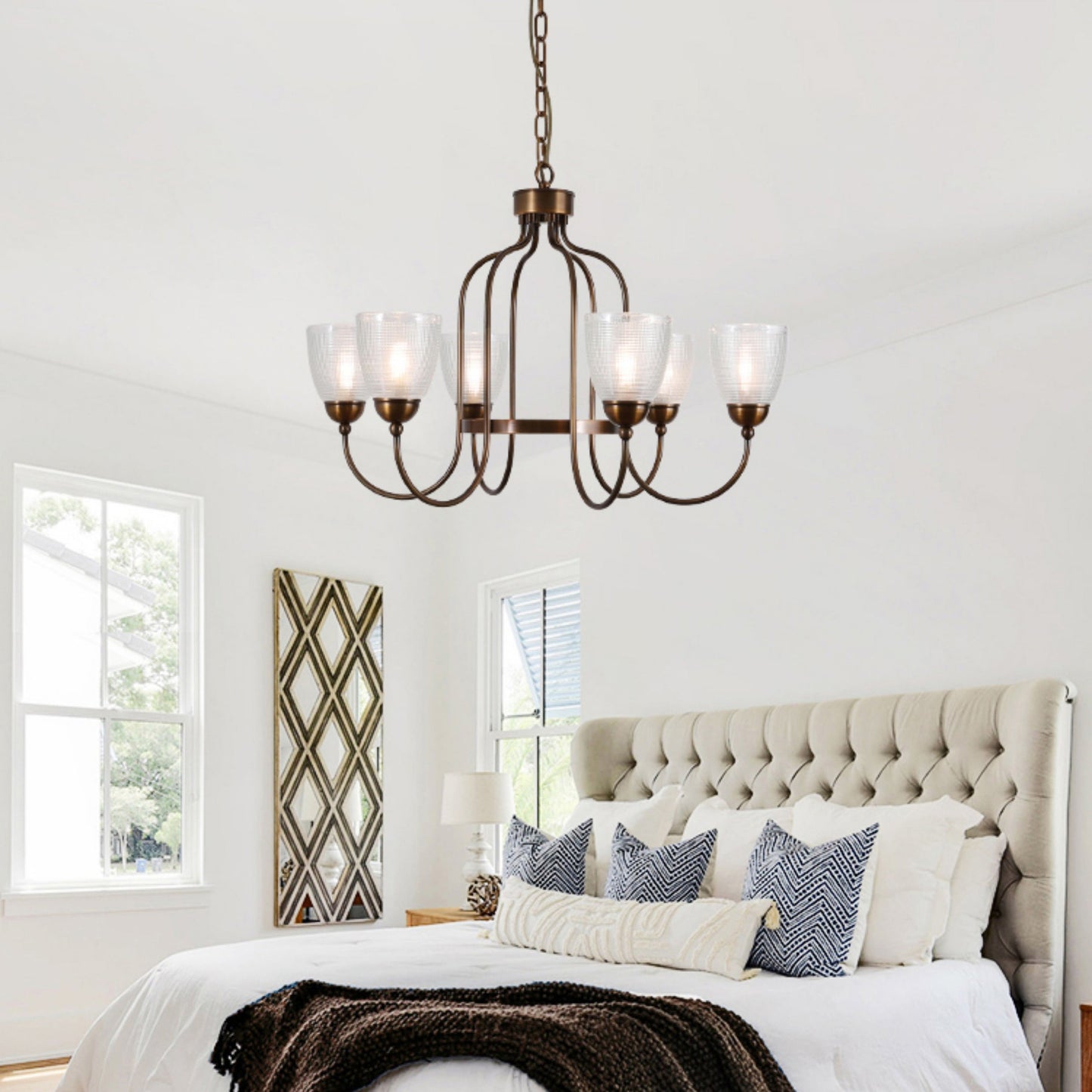 Tahoe Chandelier - Dark Brass & Clear Textured Glass Chandelier | Transitional Multi-Arm Hanging Light