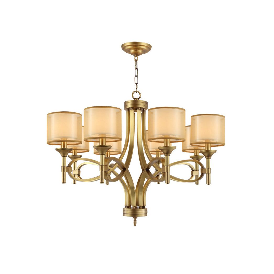 Tallie Chandelier - Modern Brass Geometric Chandelier | Double Sheer Organza & Fabric Shade Hanging Light
