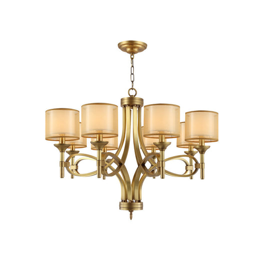 Tallie Chandelier - Modern Brass Geometric Chandelier | Double Sheer Organza & Fabric Shade Hanging Light