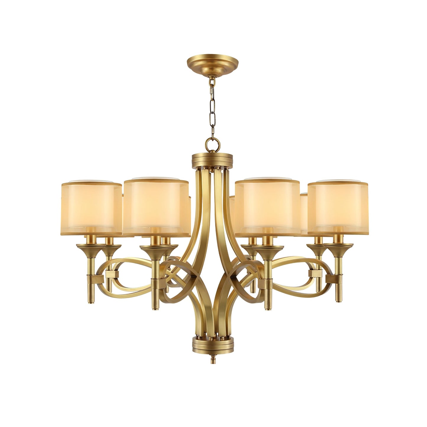 Tallie Chandelier - Modern Brass Geometric Chandelier | Double Sheer Organza & Fabric Shade Hanging Light