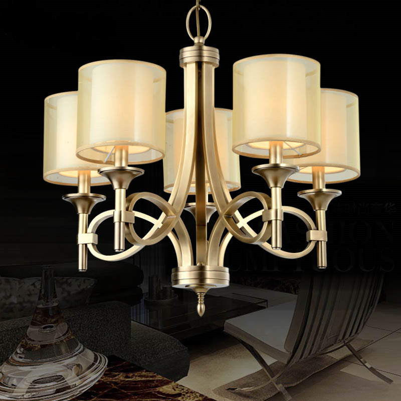 Tallie Chandelier - Modern Brass Geometric Chandelier | Double Sheer Organza & Fabric Shade Hanging Light