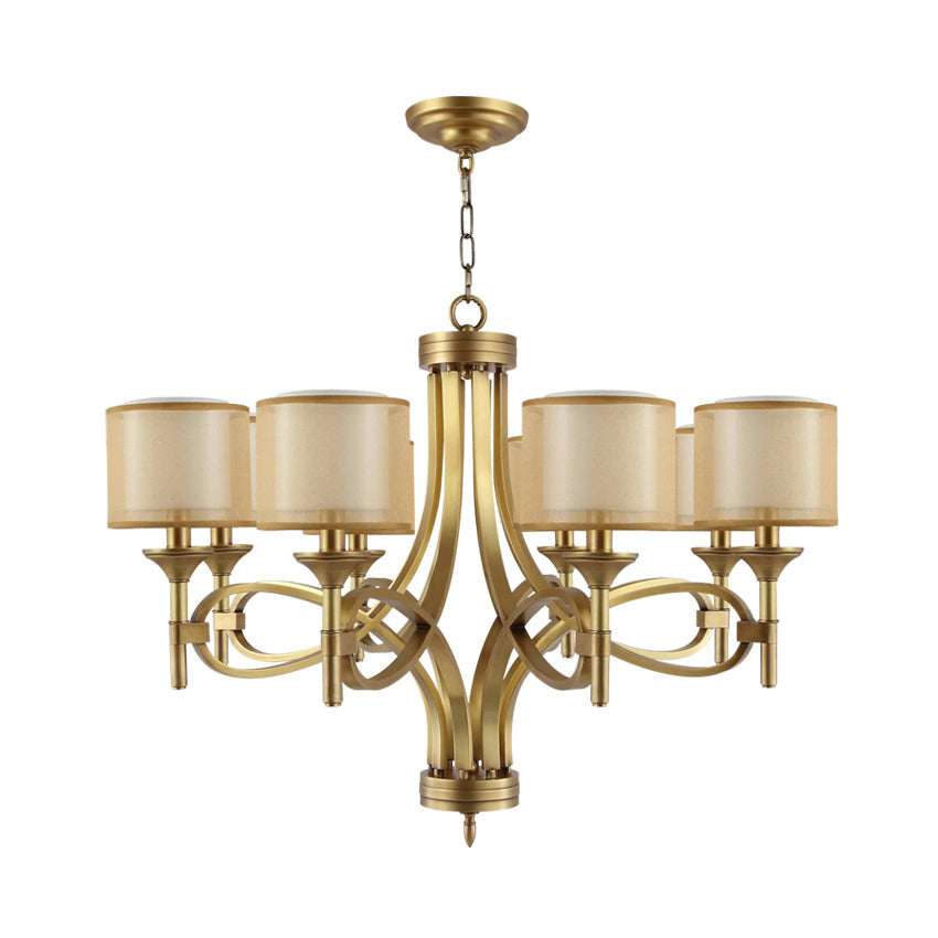 Tallie Chandelier - Modern Brass Geometric Chandelier | Double Sheer Organza & Fabric Shade Hanging Light