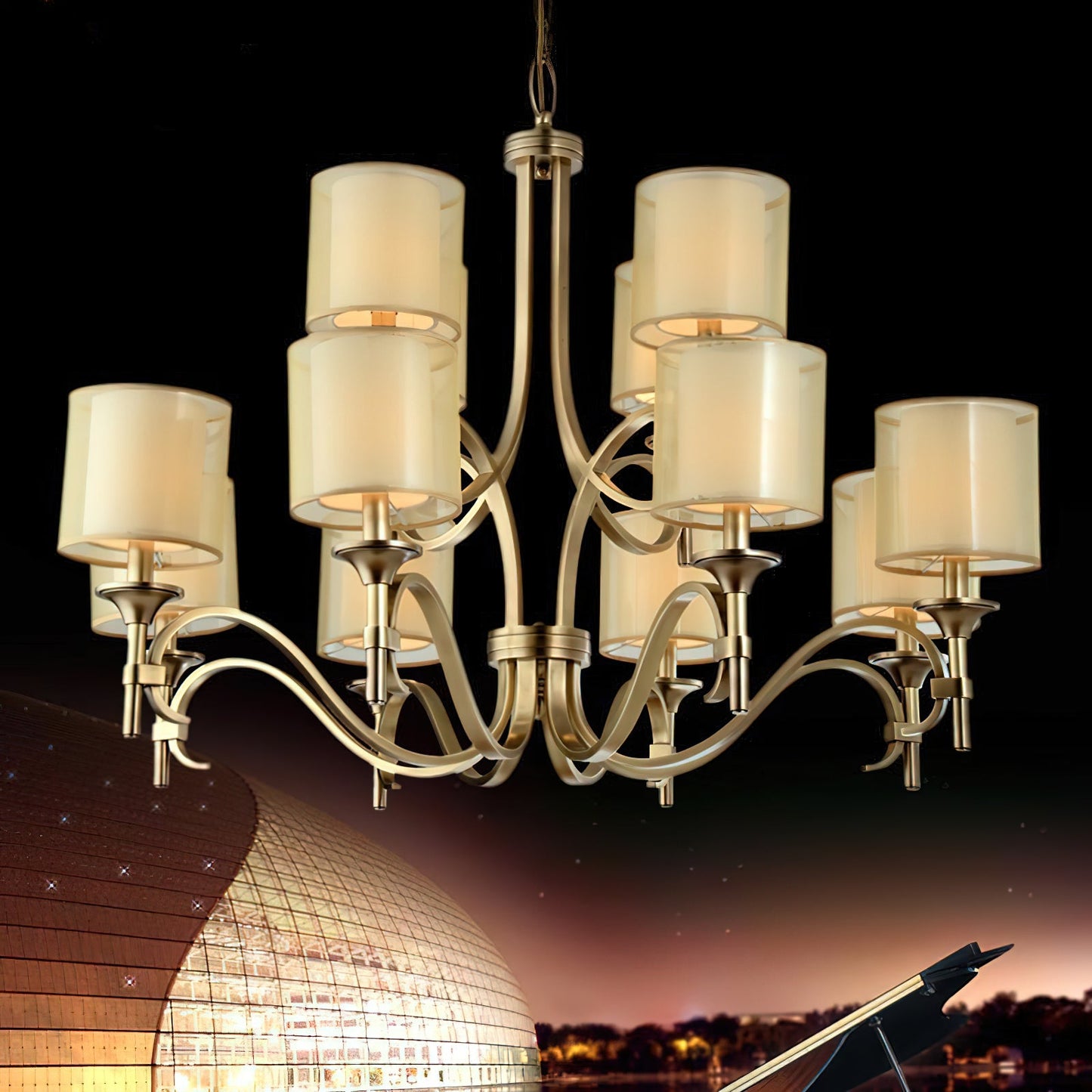 Tallie Chandelier - Modern Brass Geometric Chandelier | Double Sheer Organza & Fabric Shade Hanging Light