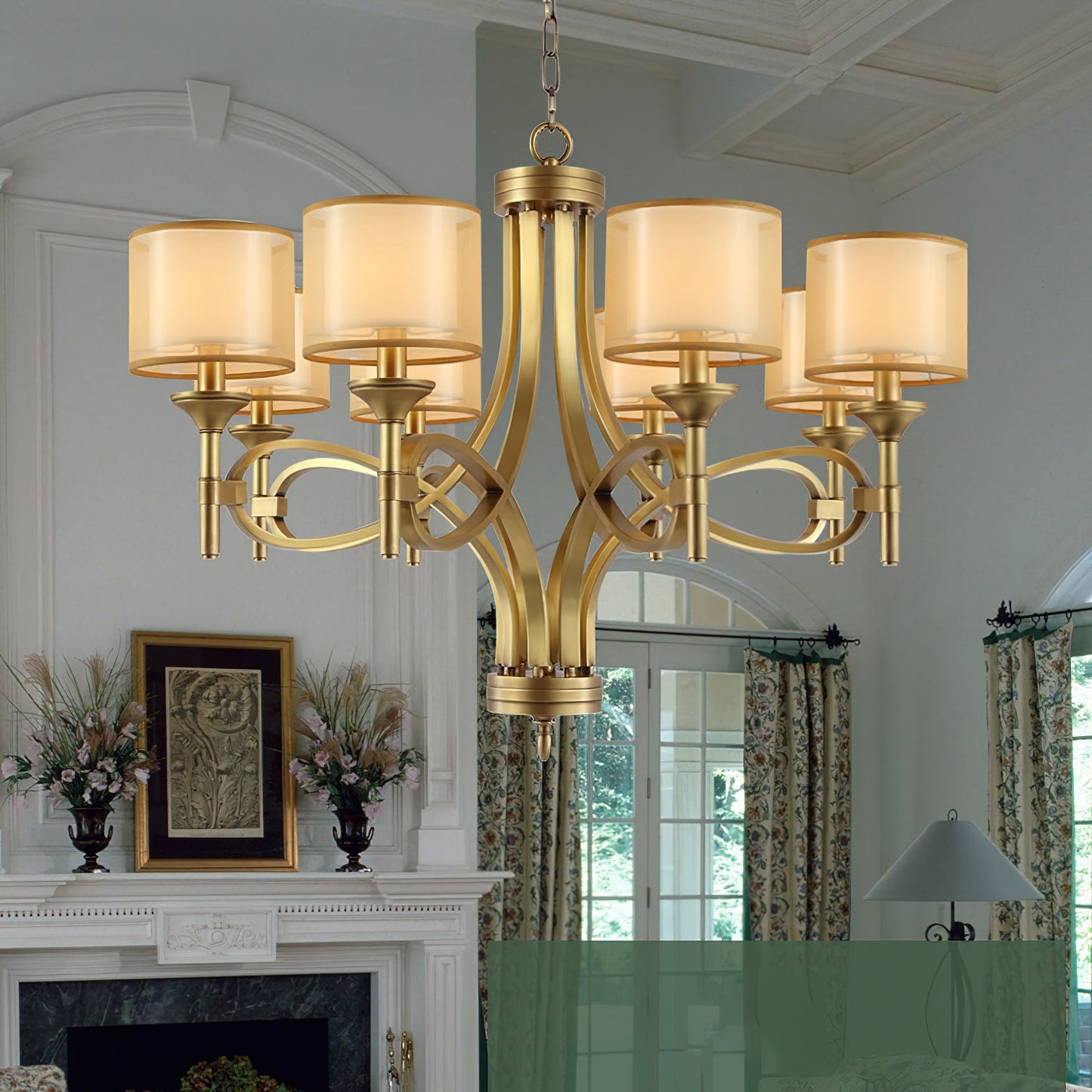Tallie Chandelier - Modern Brass Geometric Chandelier | Double Sheer Organza & Fabric Shade Hanging Light