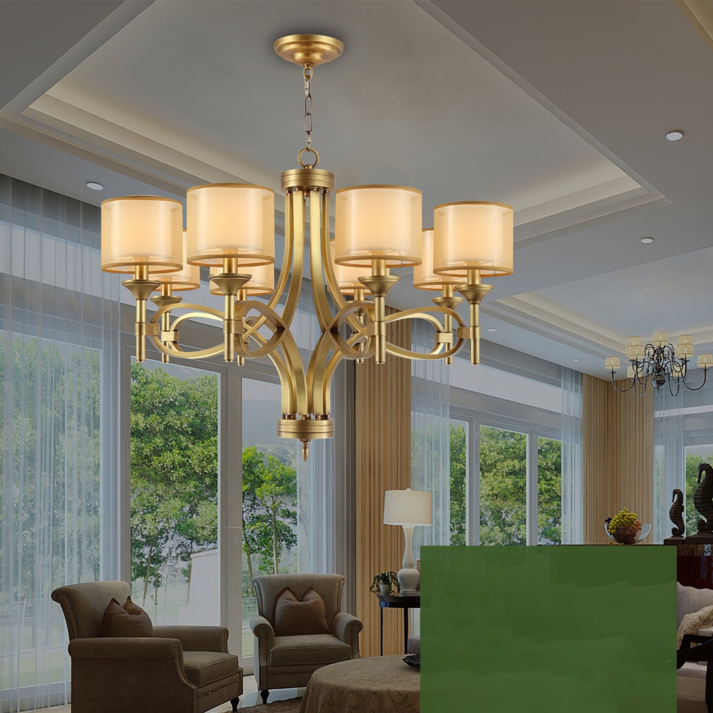 Tallie Chandelier - Modern Brass Geometric Chandelier | Double Sheer Organza & Fabric Shade Hanging Light