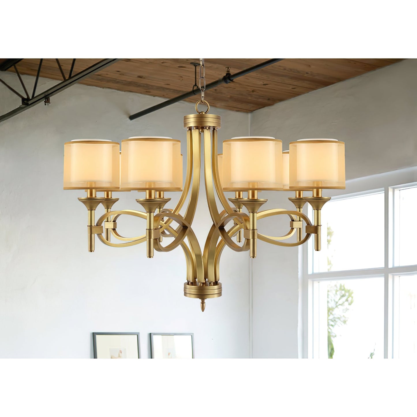 Tallie Chandelier - Modern Brass Geometric Chandelier | Double Sheer Organza & Fabric Shade Hanging Light