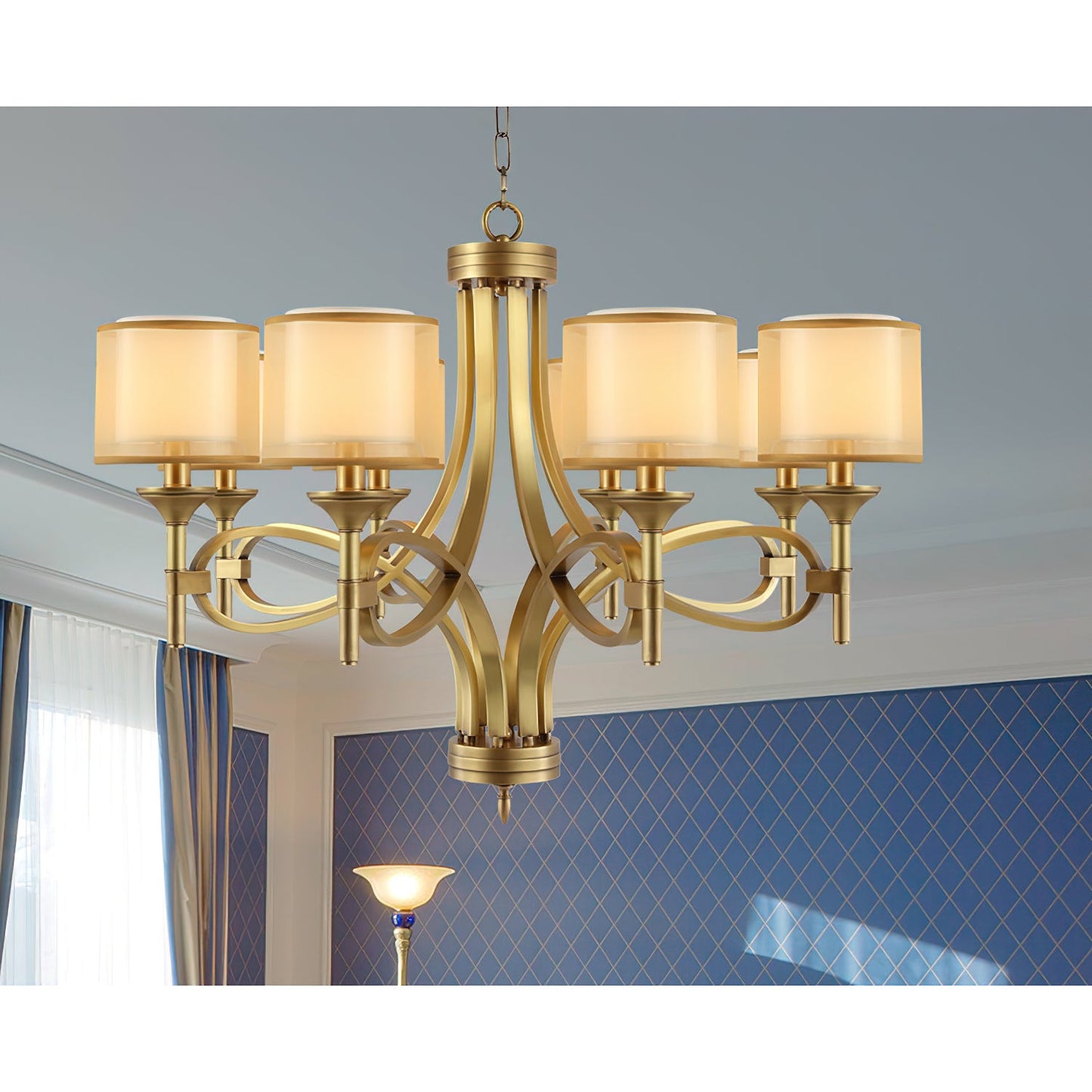 Tallie Chandelier - Modern Brass Geometric Chandelier | Double Sheer Organza & Fabric Shade Hanging Light