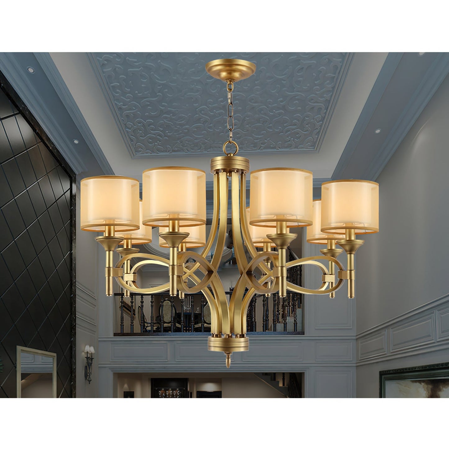 Tallie Chandelier - Modern Brass Geometric Chandelier | Double Sheer Organza & Fabric Shade Hanging Light