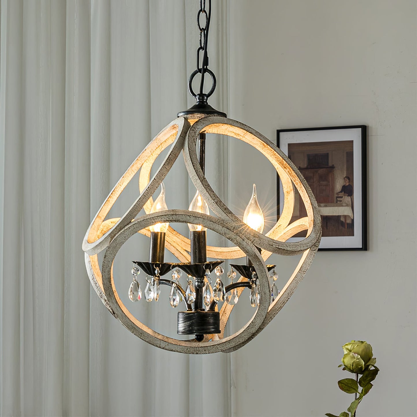 Taticollia Pendant Lamp - Handcrafted Wooden Globe Pendant | Farmhouse Crystal Cage Light