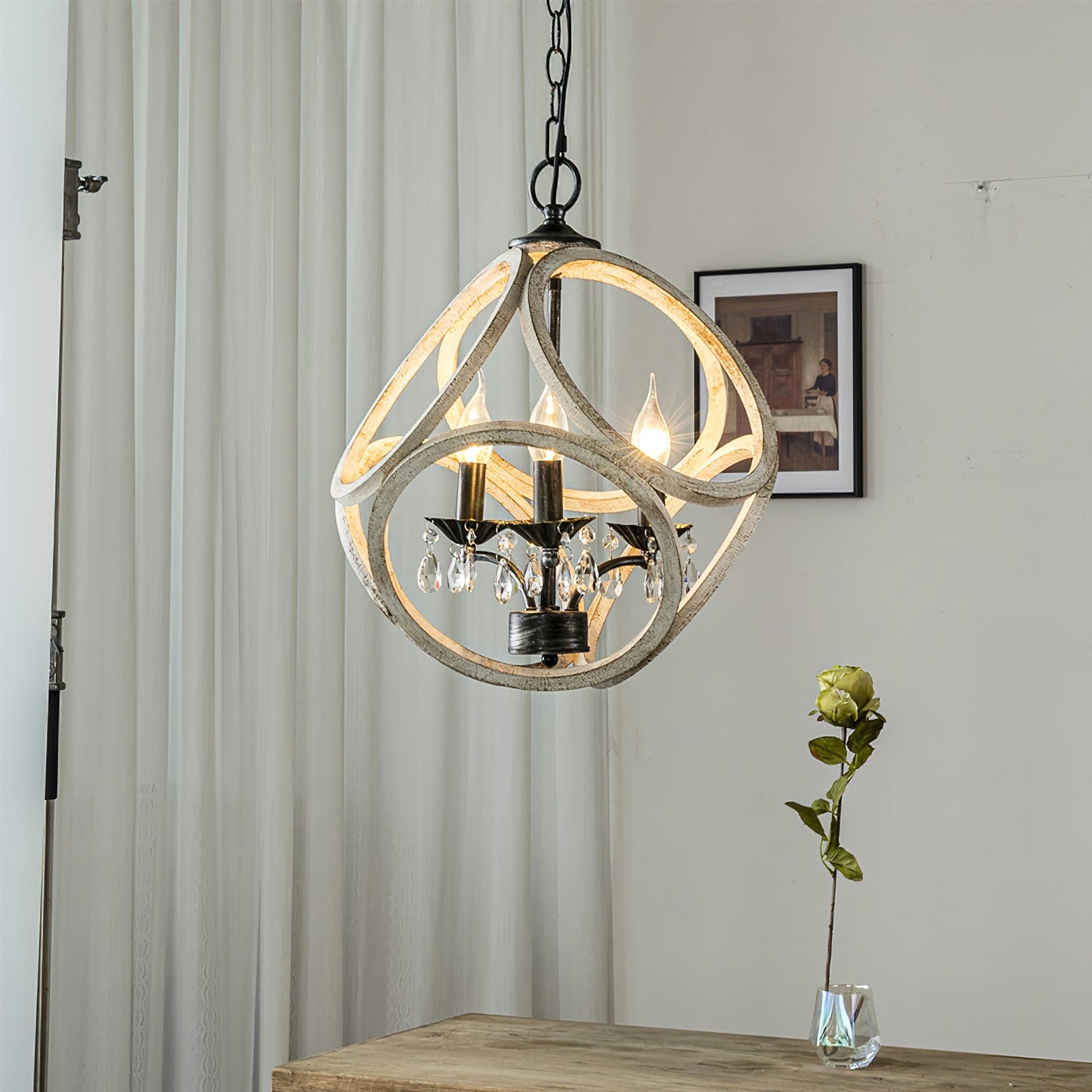 Taticollia Pendant Lamp - Handcrafted Wooden Globe Pendant | Farmhouse Crystal Cage Light