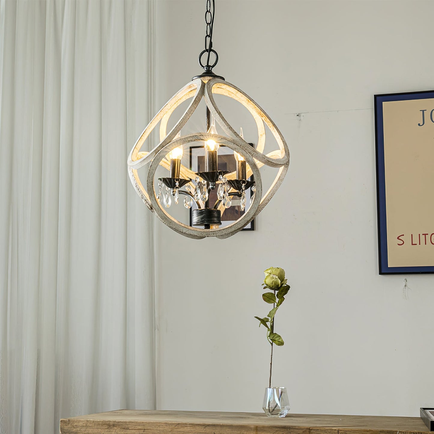 Taticollia Pendant Lamp - Handcrafted Wooden Globe Pendant | Farmhouse Crystal Cage Light